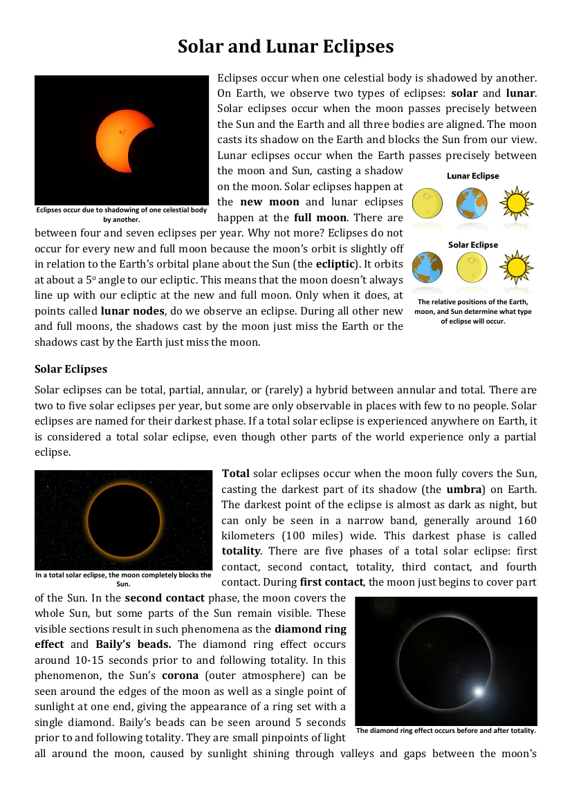 Eclipse - Solar and Lunar - Reading with Comprehension Questions