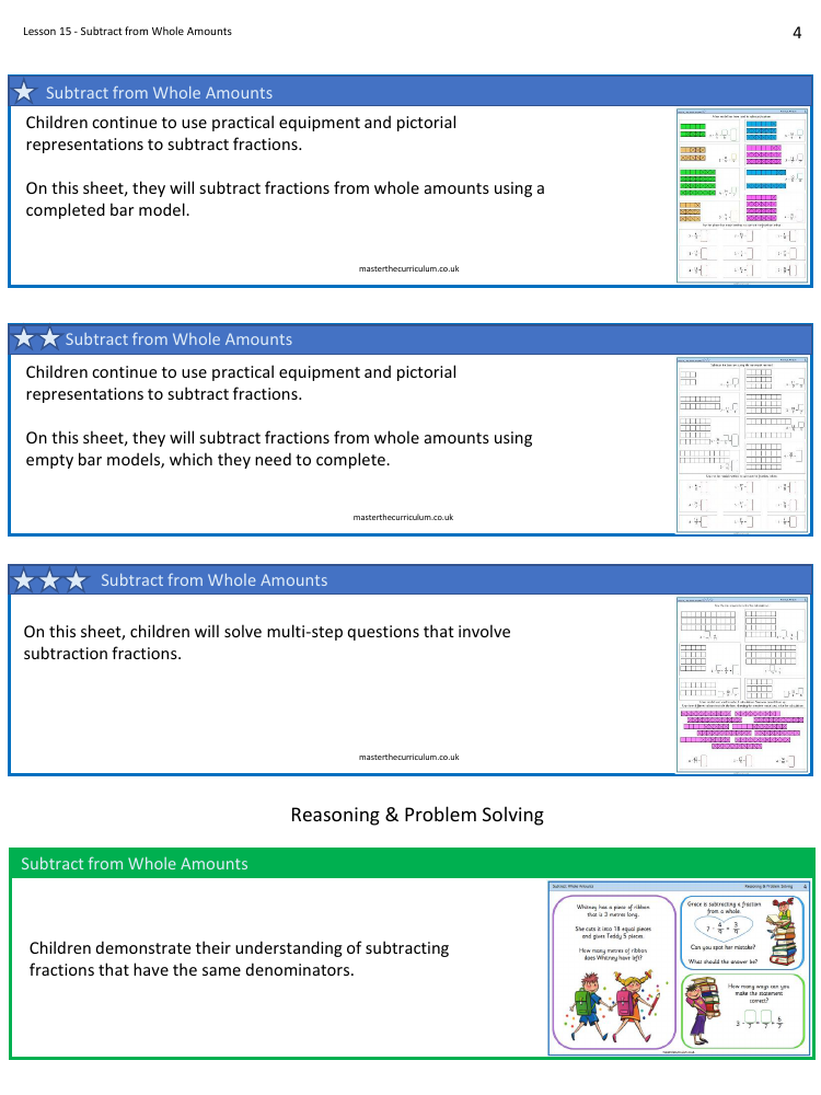 Fractions - Subtract from whole amounts (Bar Models) - Worksheet