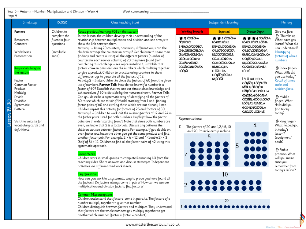 Addition, Subtraction, Multiplication and Division - Factors - Planning