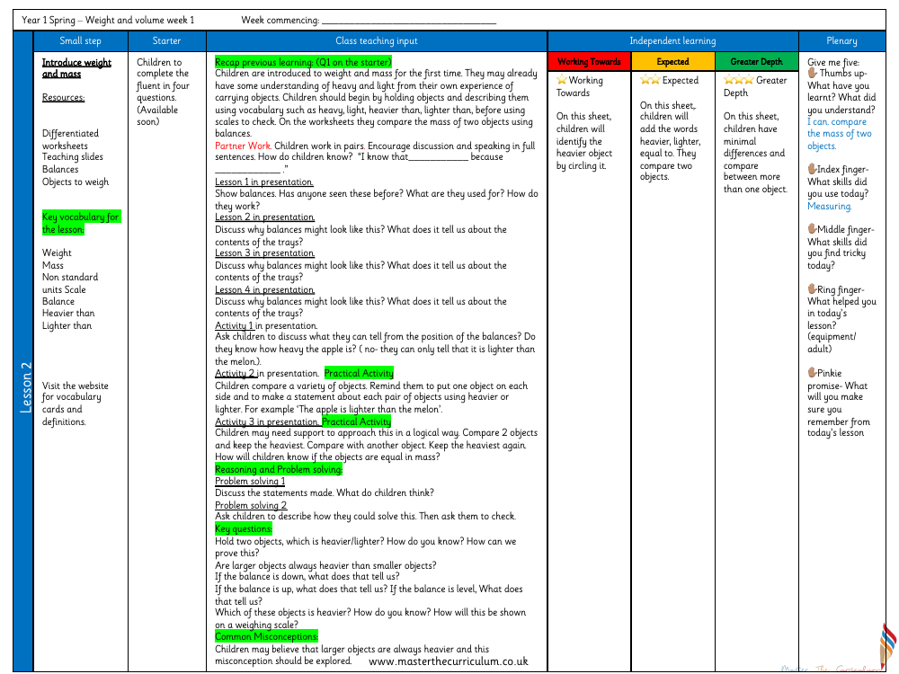 Weight and volume - Introduce weights and mass 2 - Planning