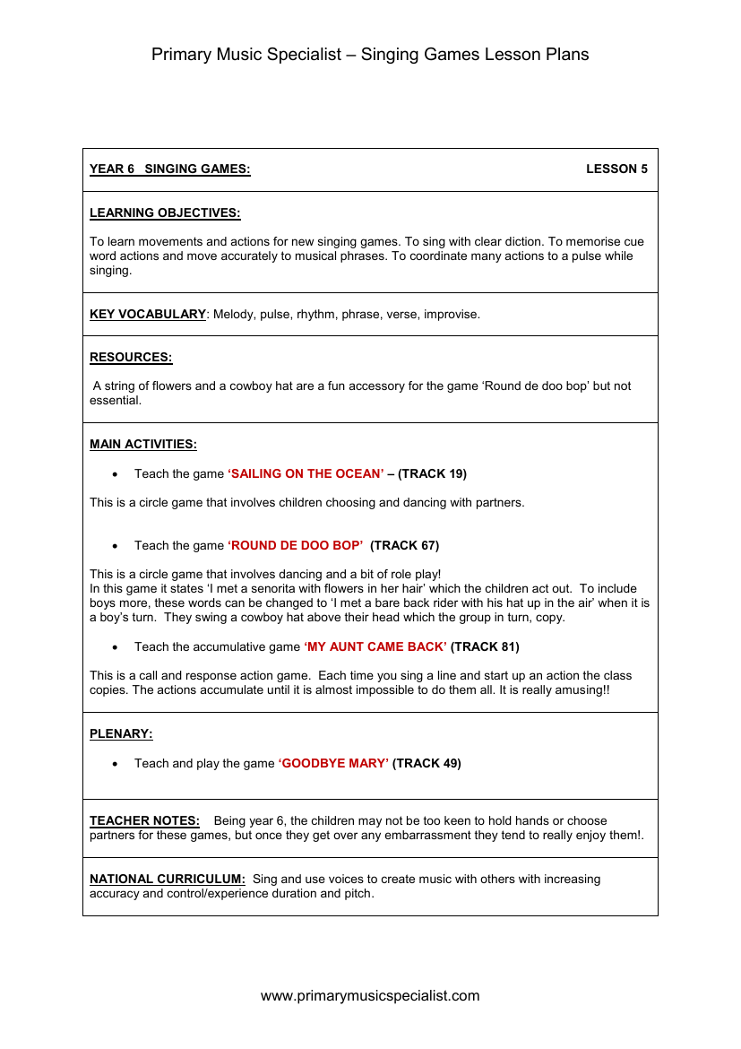 Singing Games Lesson Plan - Year 6 Lesson 5