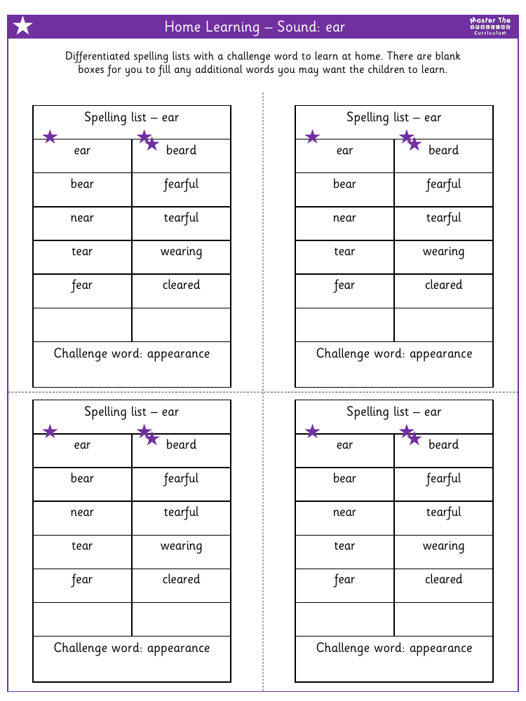Spelling - Home learning - Sound ear