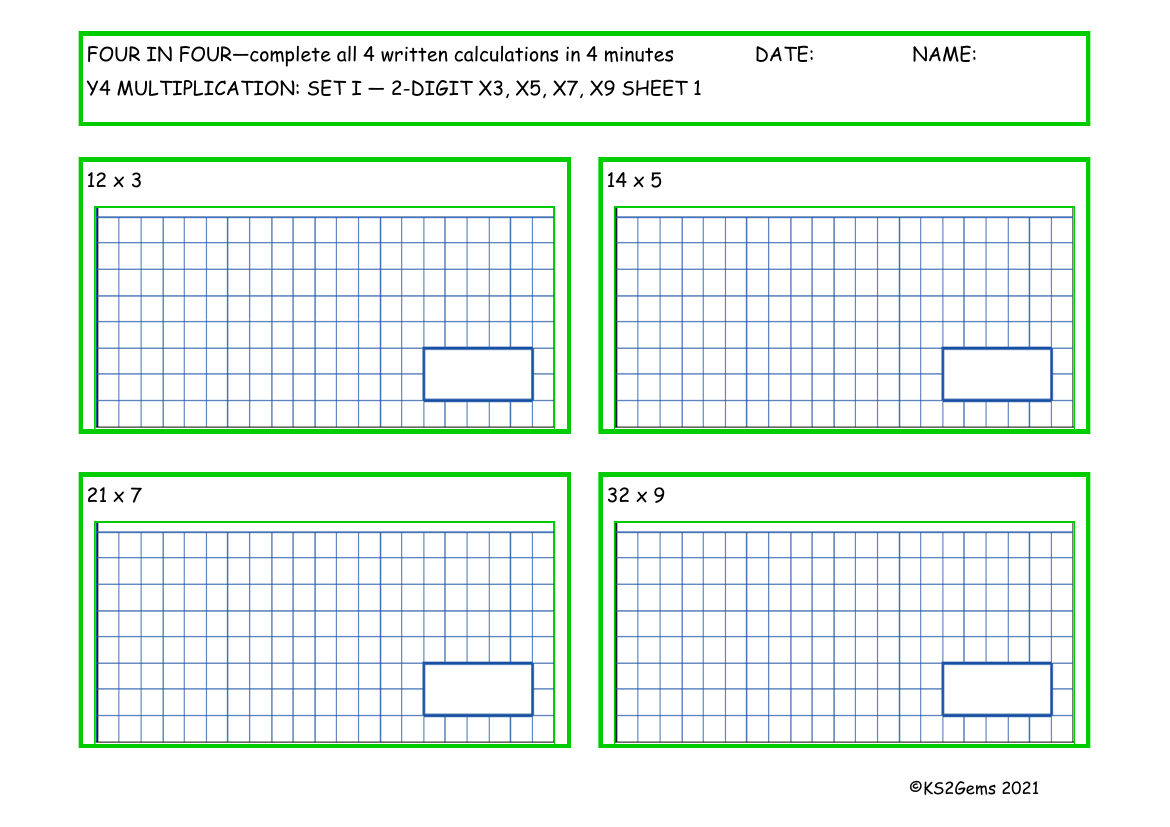 Four in Four -  Multiplication Set I 2 digit number x3 x5 x7 x9