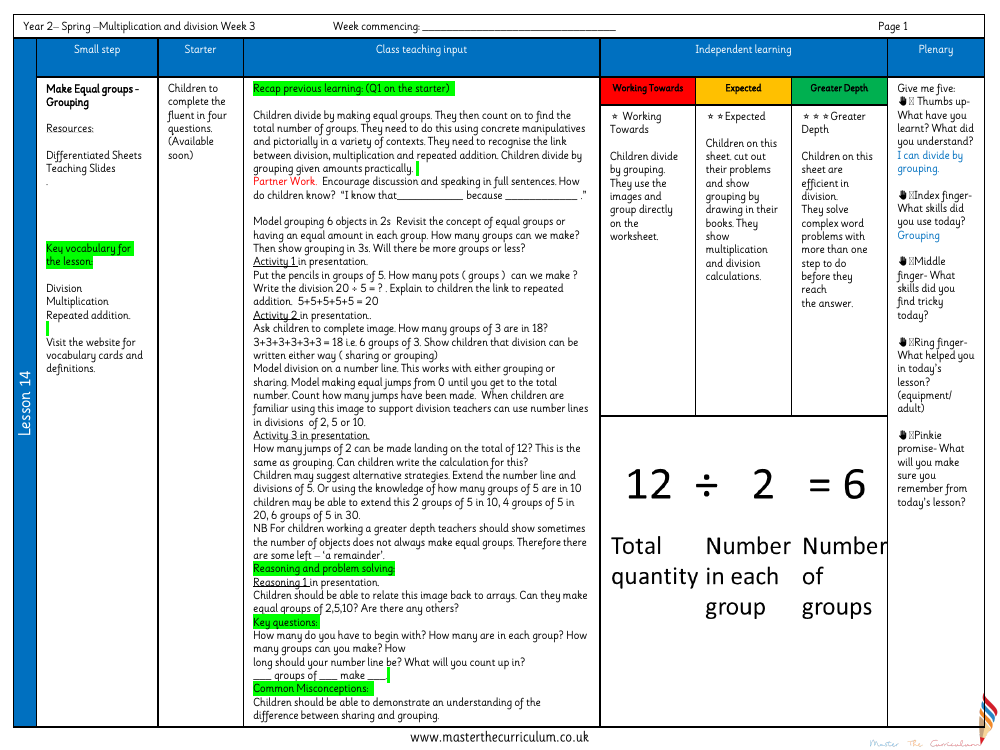 Multiplication and division - Make equal groups grouping 2 - Planning