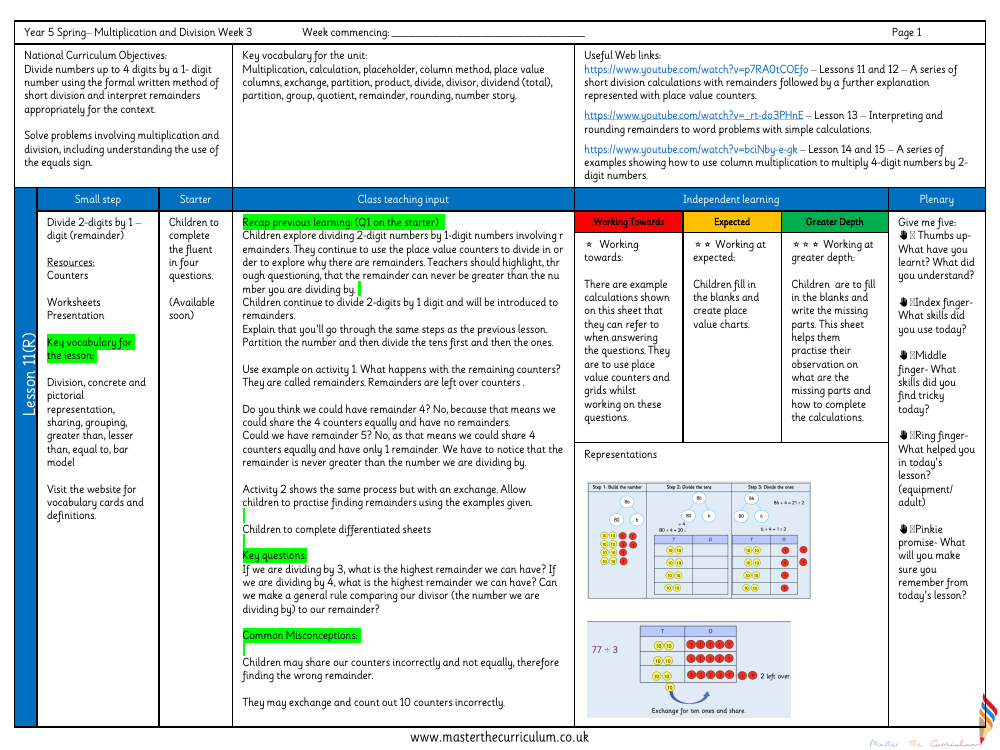 Multiplication and Division (2) - Divide 2-digits by 1-digit (remainder) - Planning