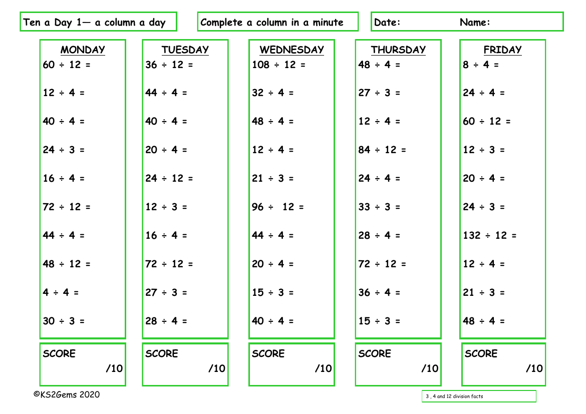 Ten a Day 3,4 and 12 Division Facts