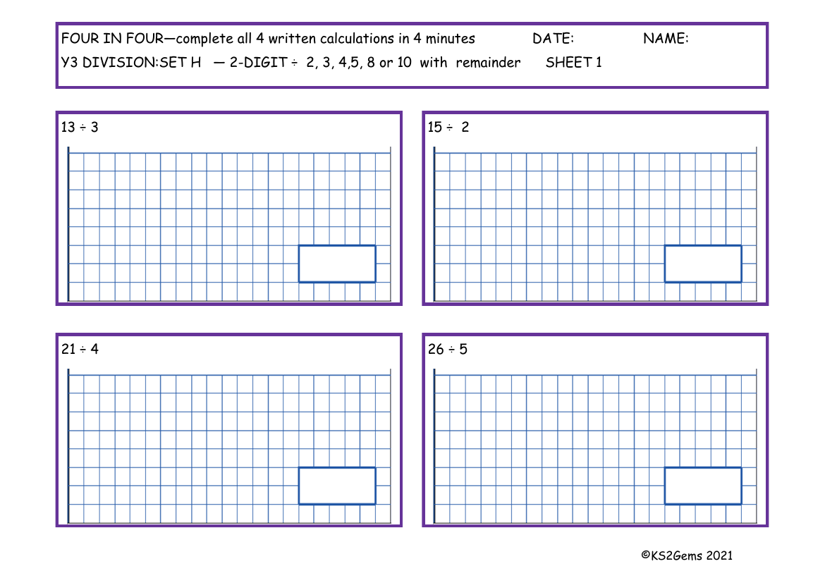 Four in Four - Division Set H 2 digit number 2, 3, 4, 5, 8 or 10 with remainder