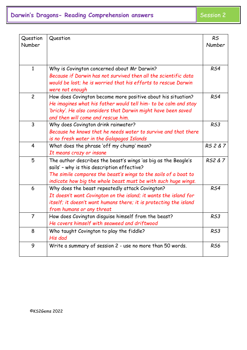 Darwin's Dragons - Session 2 - Reading Comprehension answers