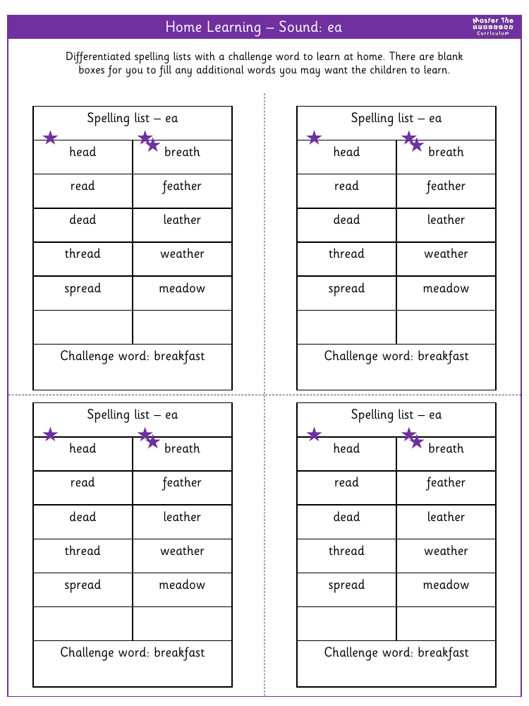 Spelling - Home learning - Sound short ea