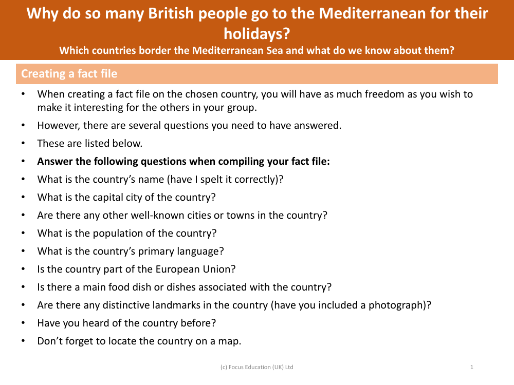 Creating a fact file instructions - Mediterranean country