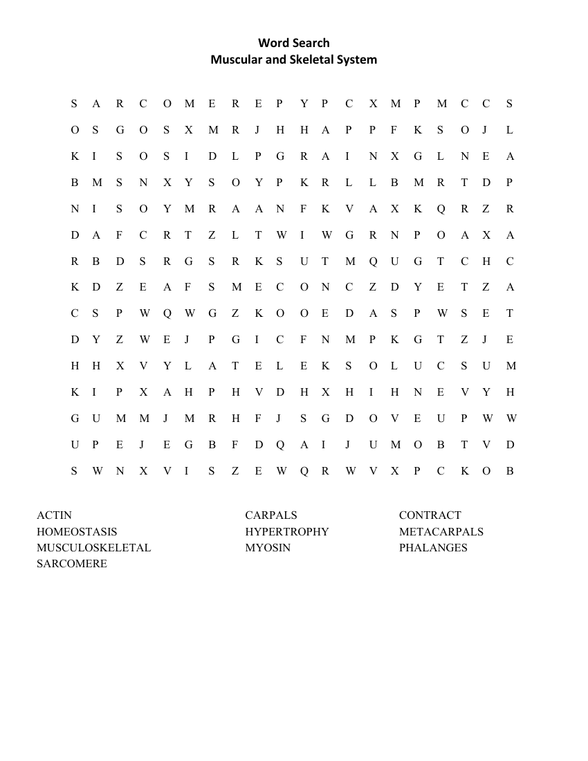 Muscular and Skeletal System - Word Search