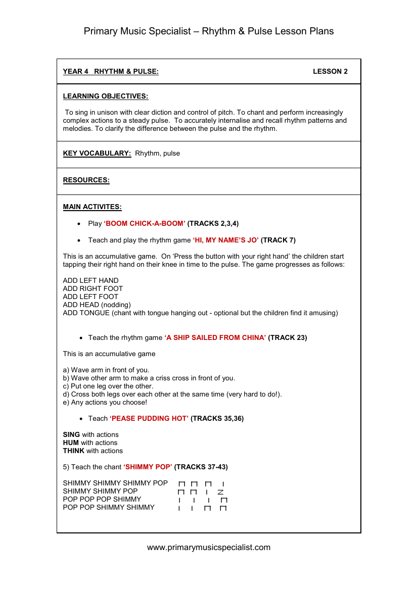 Rhythm and Pulse Lesson Plan - Year 4 Lesson 2