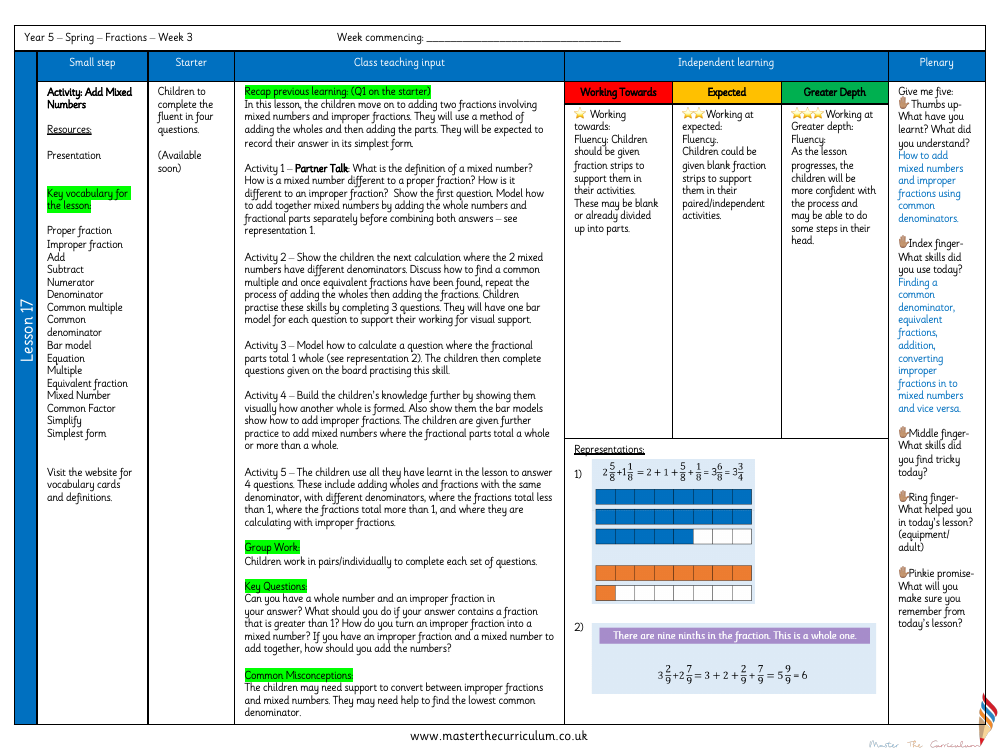 Fractions - Add Mixed Numbers (Activity) - Planning