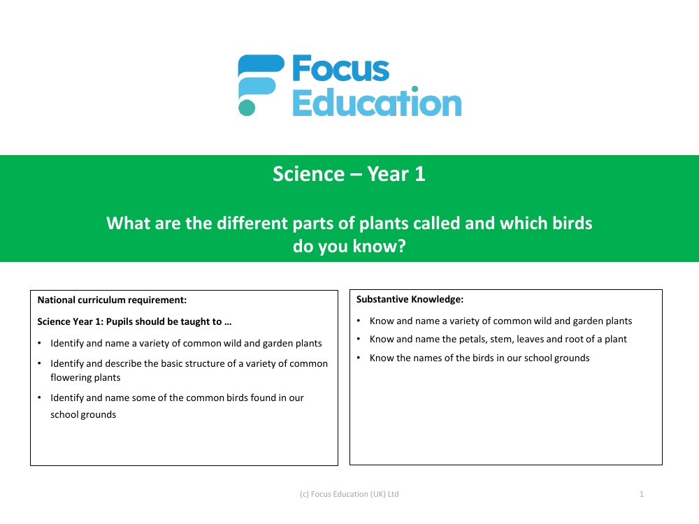 National Curriculum Objectives - Plants - Year 1