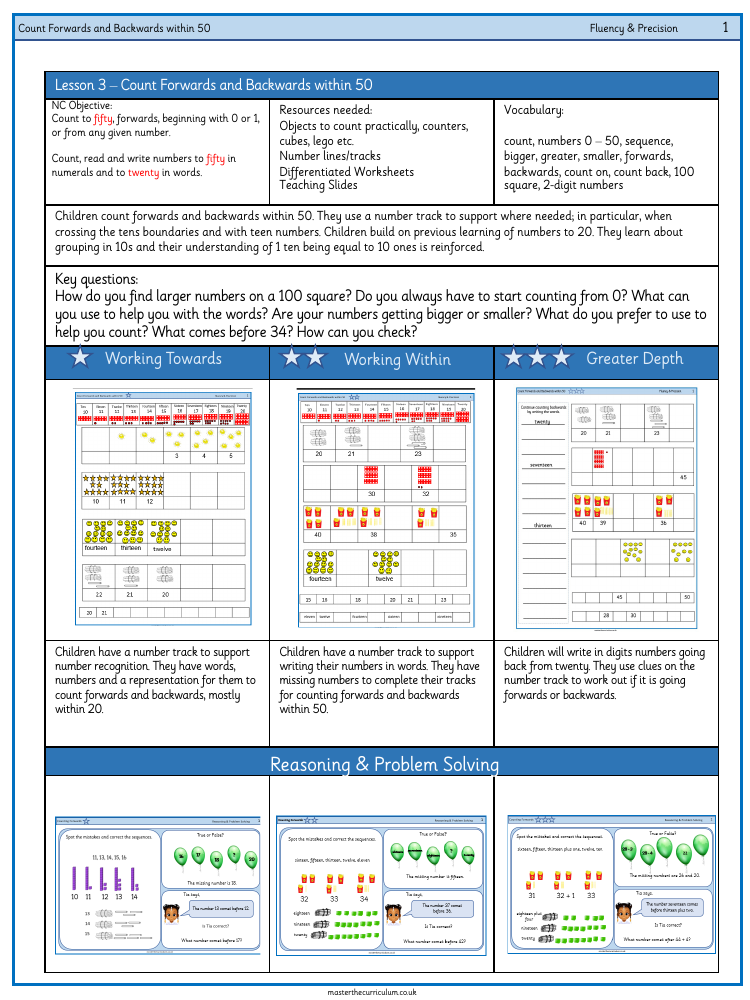 Place Value within 50 - Counting forwards and backwards within 50 - Worksheet