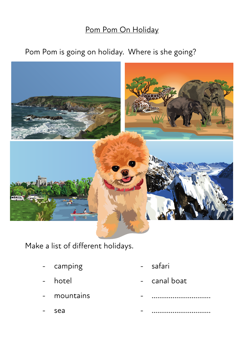 ‘Pom Pom Goes On Holiday’ A Fun Writing And Drawing Activity (6 years +) - Activity Pack