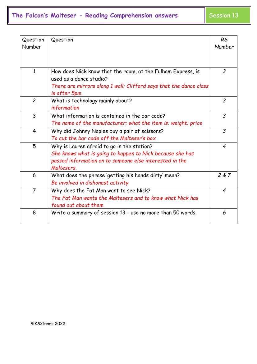 The Falcon's Malteser - Session 13 - Reading Comprehension answers