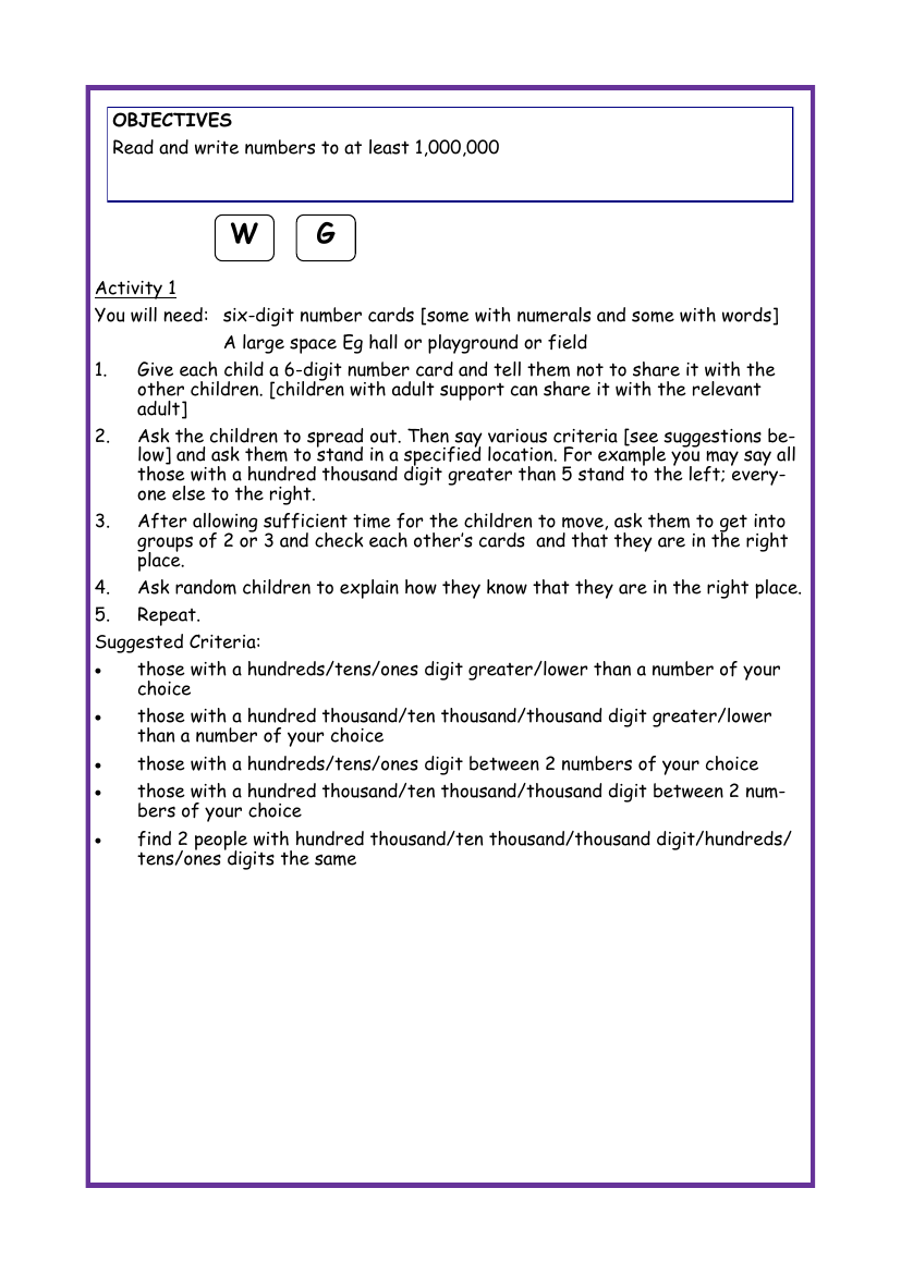 Read and write up to 1,000,000 worksheet