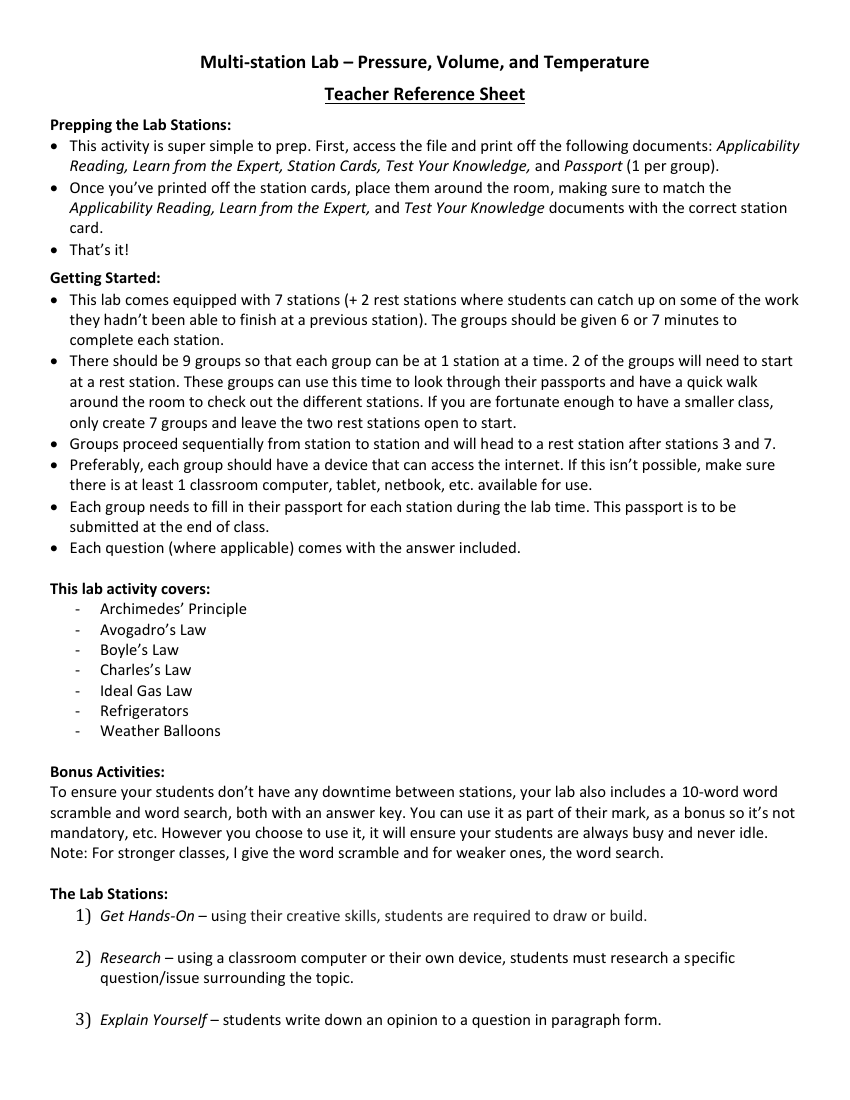 Pressure, Volume, and Temperature - Activity Instructions