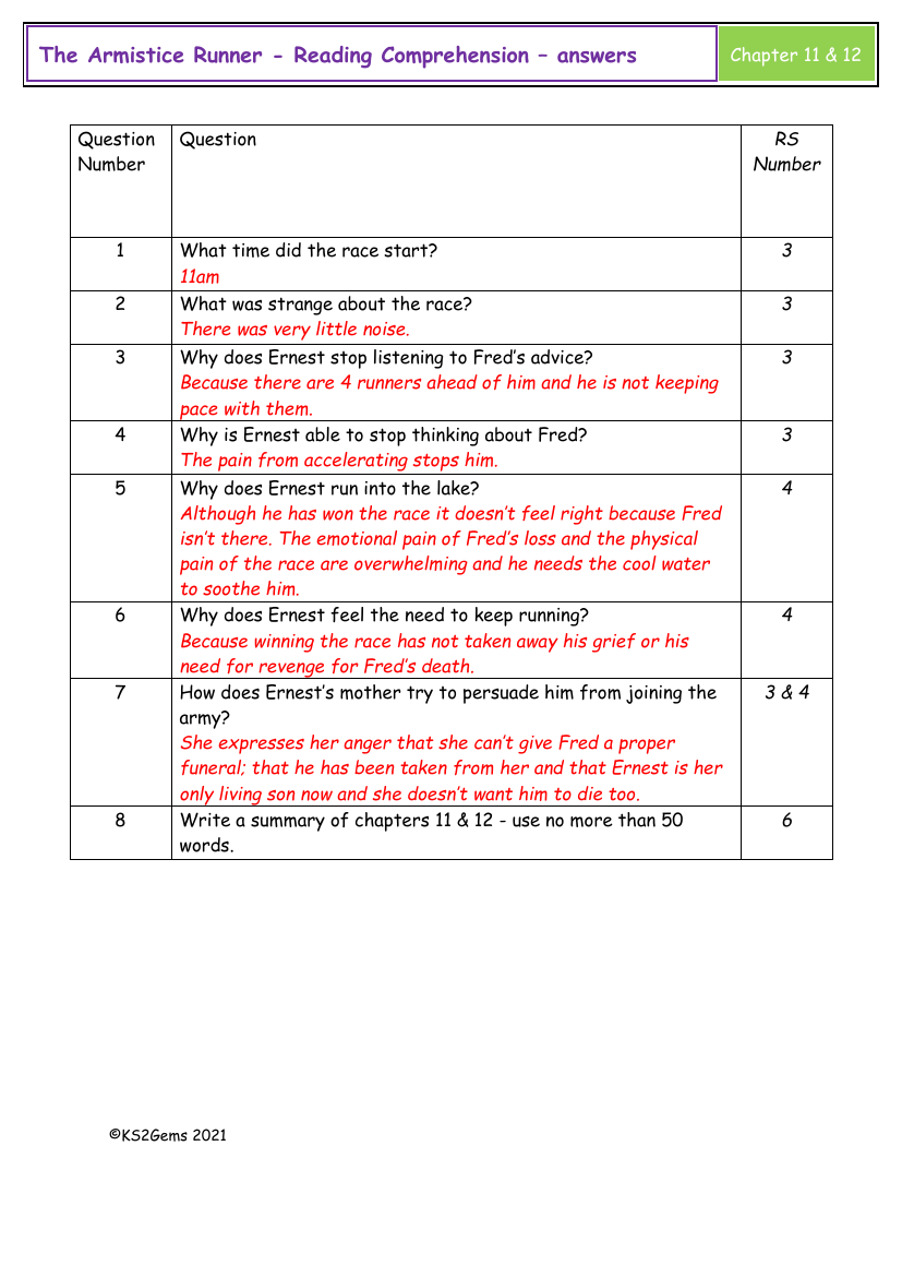 Armistice Runner - Session 6 - Reading Comprehension answers