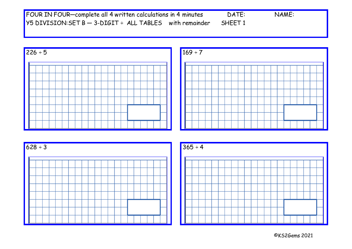 Four in Four Division Set B 3 digit number -  All Tables with remainder