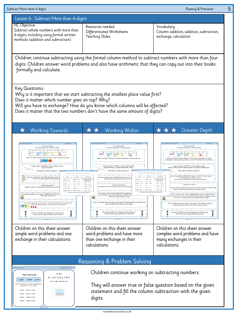 Addition and Subtraction - Subtracting whole numbers with more than 4-digits - Worksheet