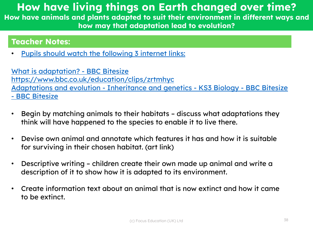 How have animals and plants adapted to suit their environment in different ways and how may that adaptation lead to evolution? -  teacher's notes