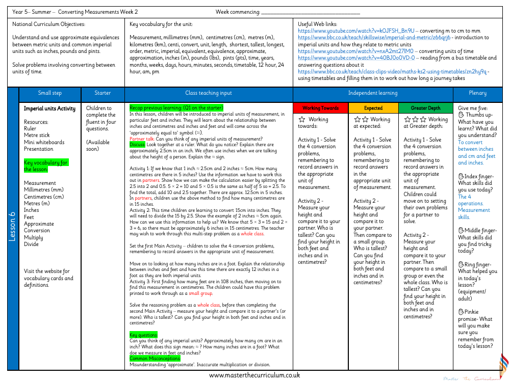 Converting Units - Imperial Units (Activity) - Planning