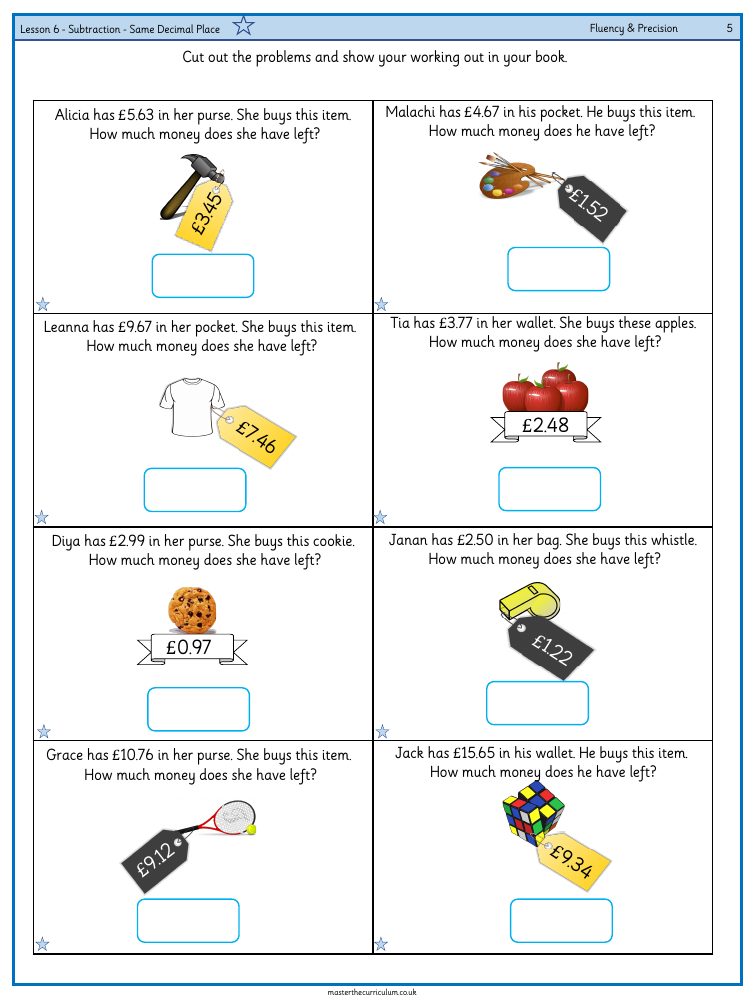 Decimals - Subtract Decimals with the same number of Decimal Places - Worksheet