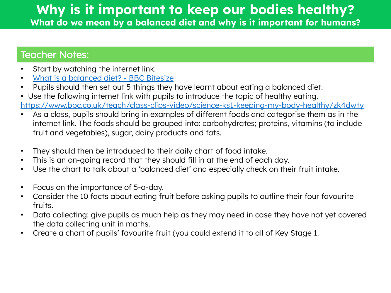 What do we mean by a balanced diet and why is it important for humans?  - Teacher notes