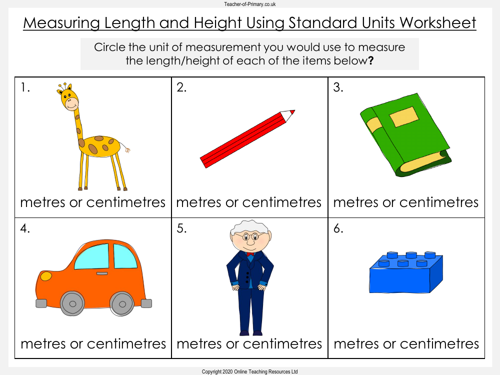 Measuring Length and Height Using Standard Units - Worksheet