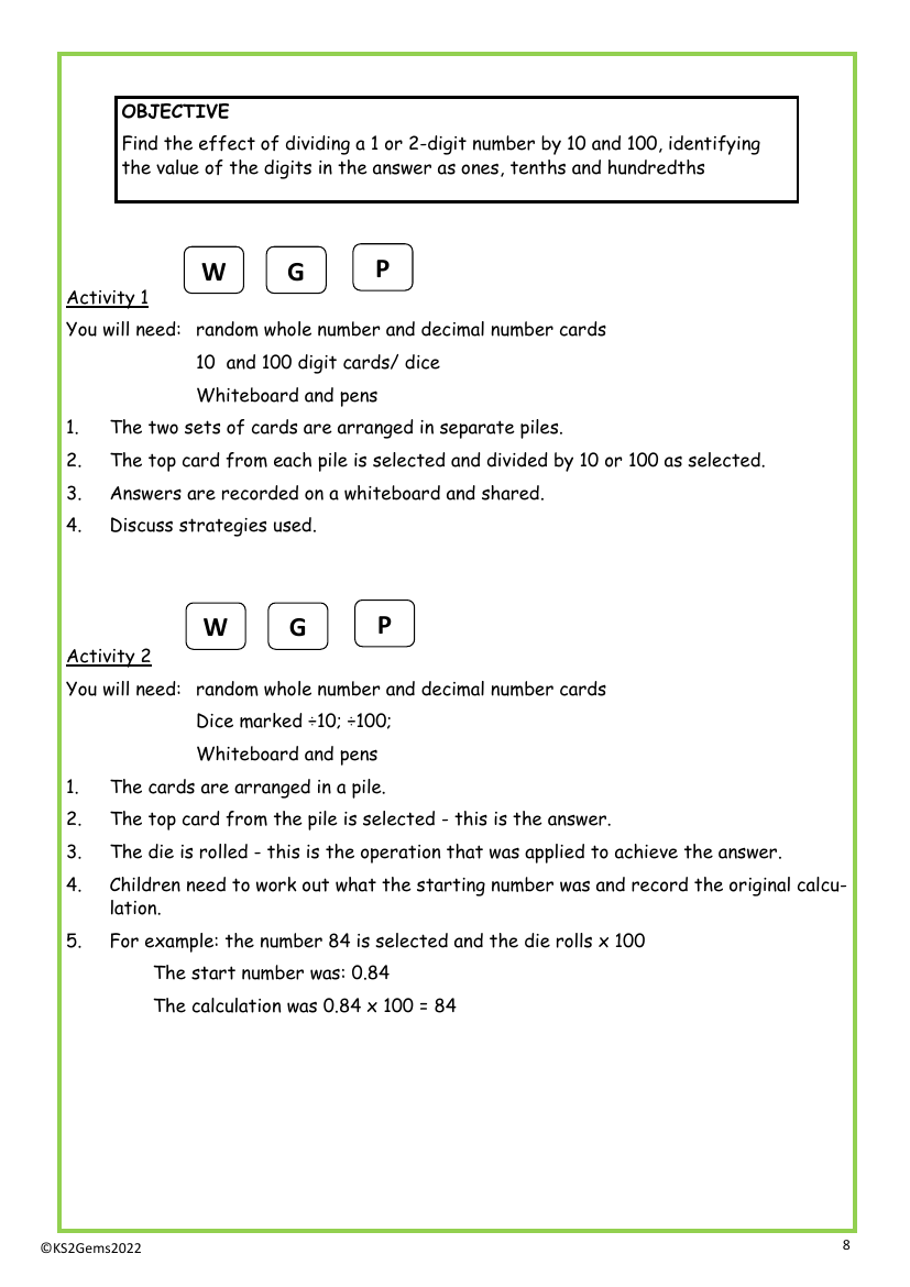 Dividing two-digit numbers by 10 and 100 worksheet