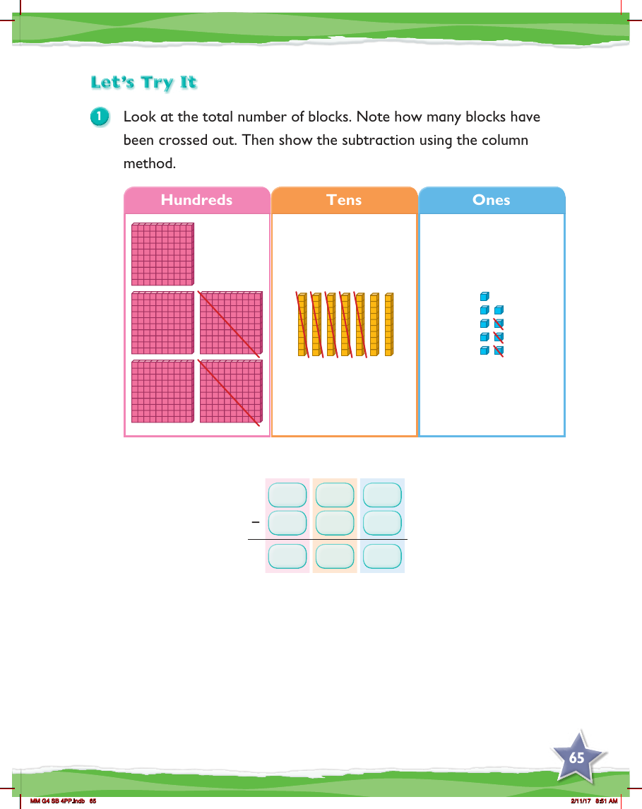 Max Maths, Year 4, Try it, Subtracting 2- and 3-digit numbers using counting blocks and column method (1)