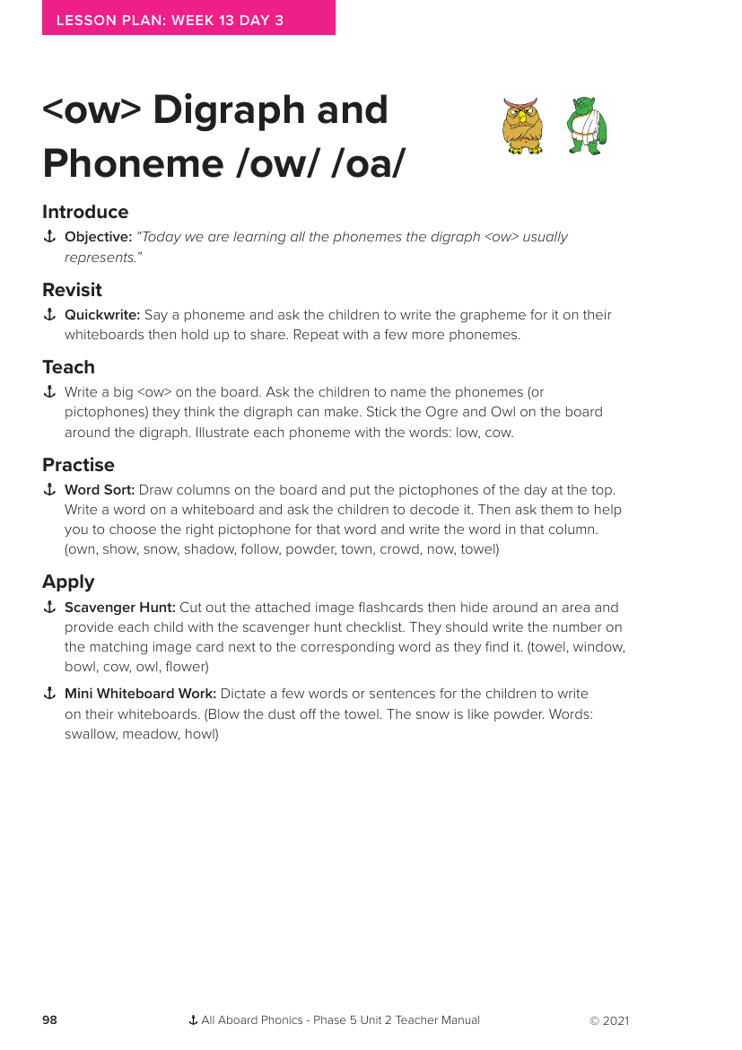 Week 13, lesson 3 "ow" Digraph and Phoneme "ow,oa" - Phonics Phase 5, unit 2 - Lesson plan