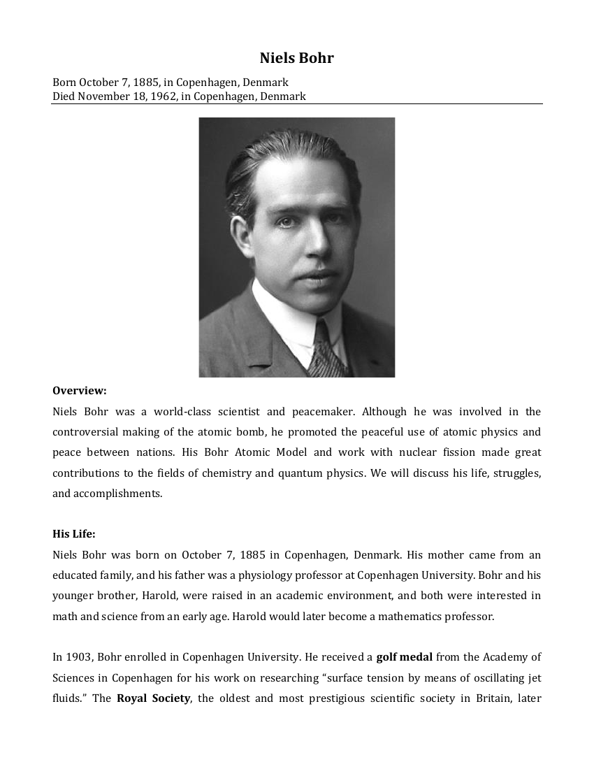 Niels Bohr - Reading with Comprehension Questions