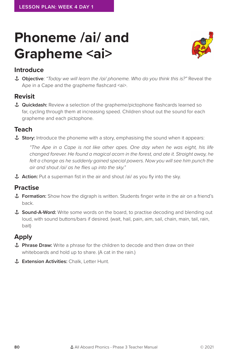 Week 4, lesson 1 Phoneme "ai" and Grapheme "ai" - Phonics Phase 3 - Lesson plan