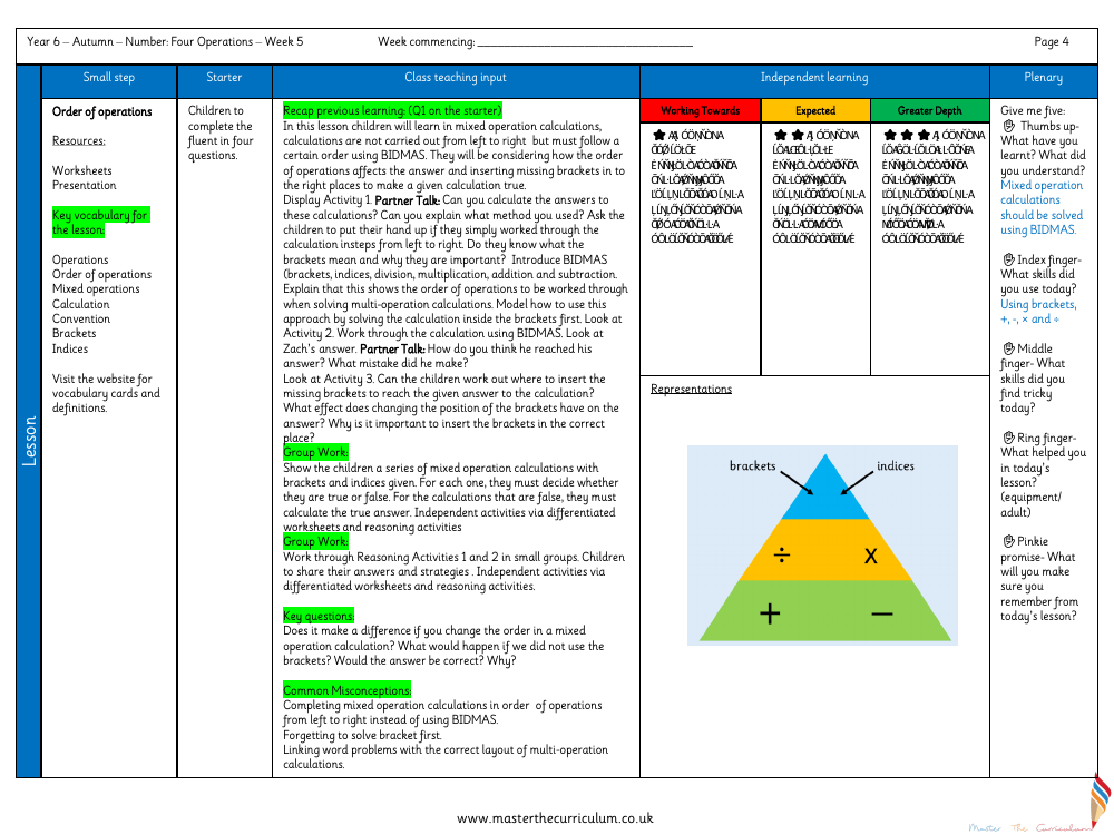 Addition, Subtraction, Multiplication and Division - Order of operations - Planning