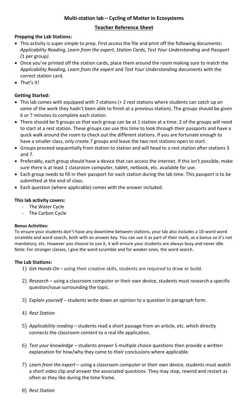 The Carbon and Water Cycle - Activity Instructions