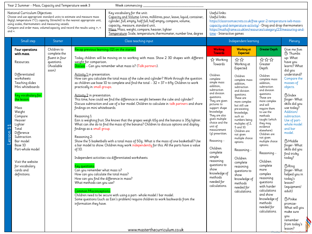 Mass, Capacity, Temperature - Four operations with mass - Planning