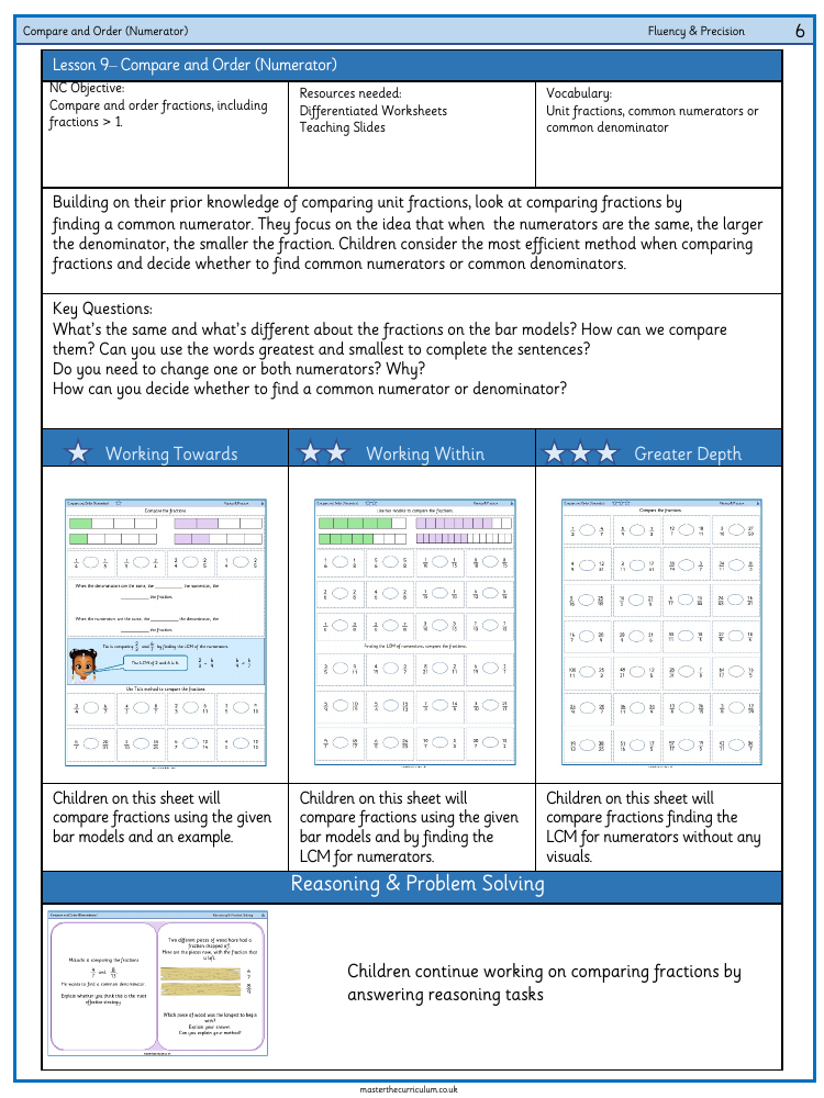 Fractions - Compare and order (numerator) - Worksheet