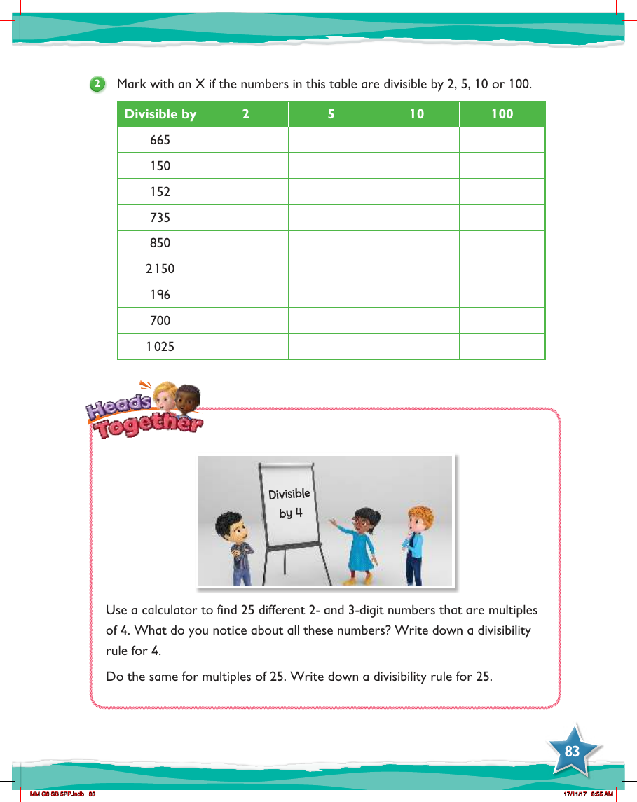 Max Maths, Year 6, Practice, Review of divisibility facts for 2, 4, 5, 10, 25 and 100 (2)