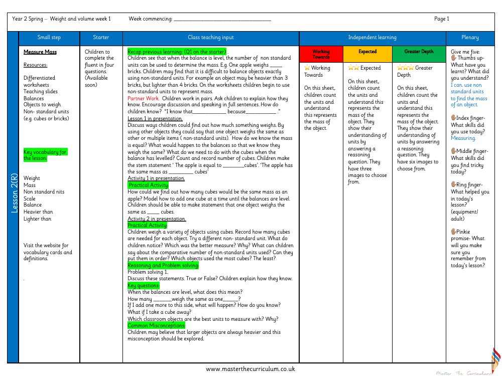 Mass, Capacity, Temperature - Measure mass - Planning