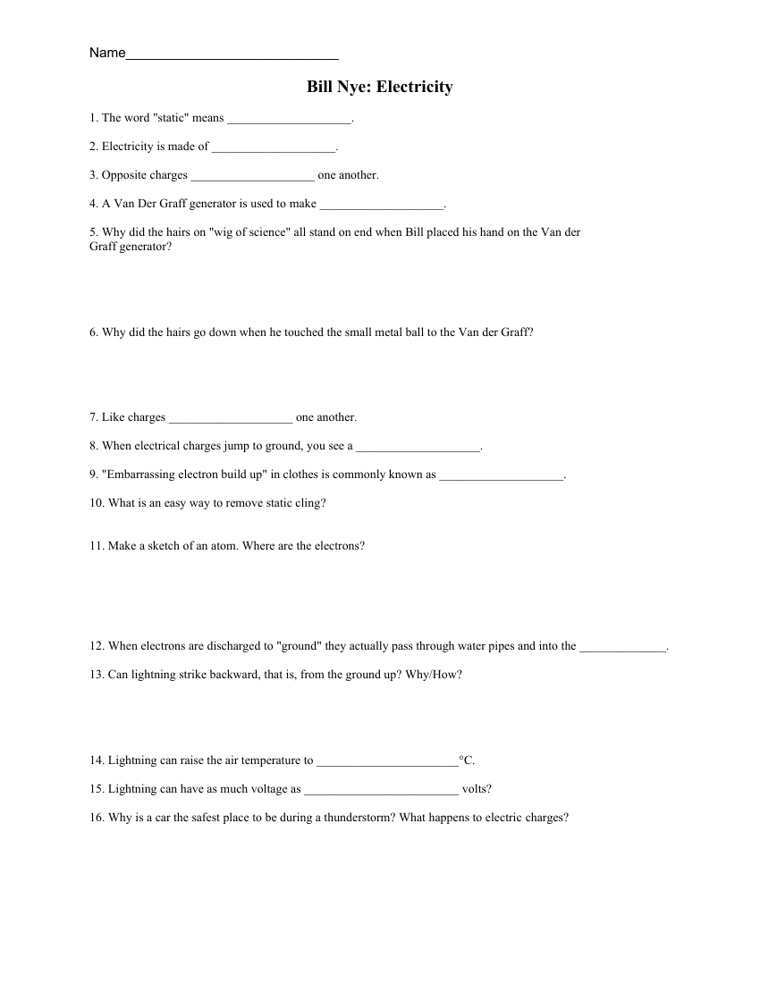 Bill Nye Static Electricity Worksheet with Answers Science 7th Grade