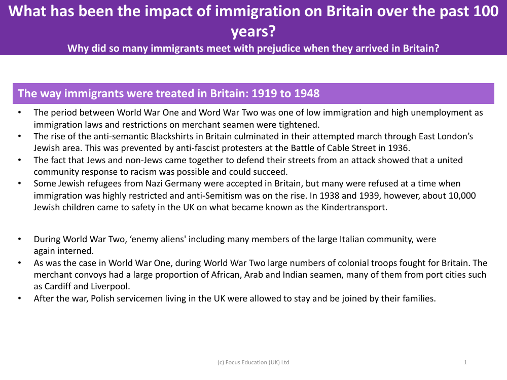 The way immigrants were treated in Britain: 1919 to 1948 - Info sheet