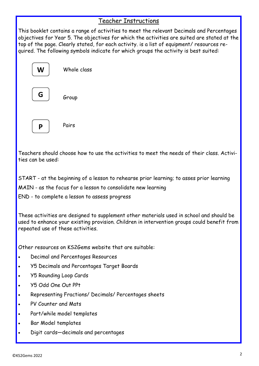 Decimal and Percentage Teacher Instructions