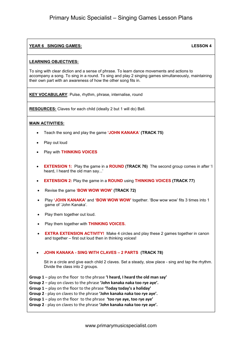 Singing Games Lesson Plan - Year 6 Lesson 4