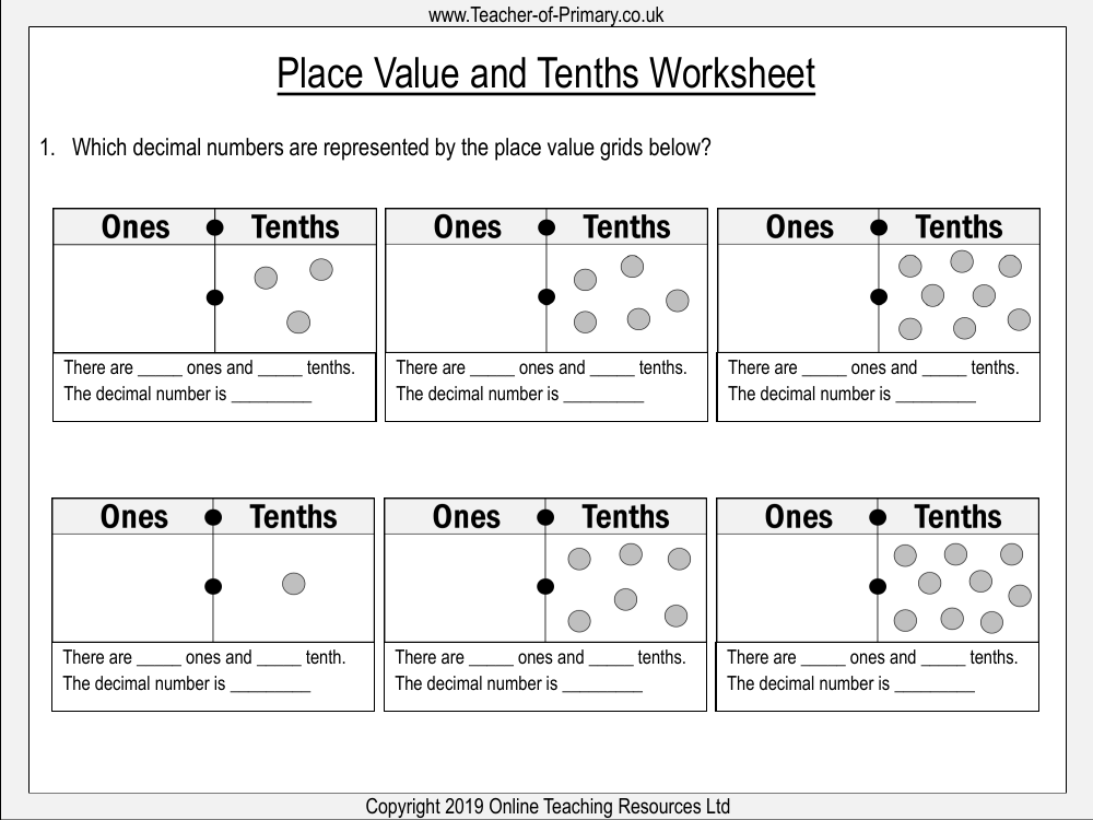 Place Value and Tenths - Worksheet