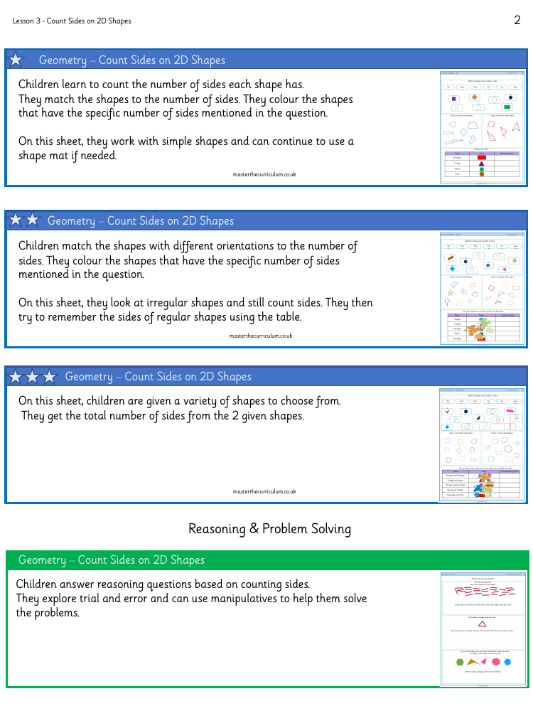 Properties of shape - Count sides and 2D shapes - Worksheet