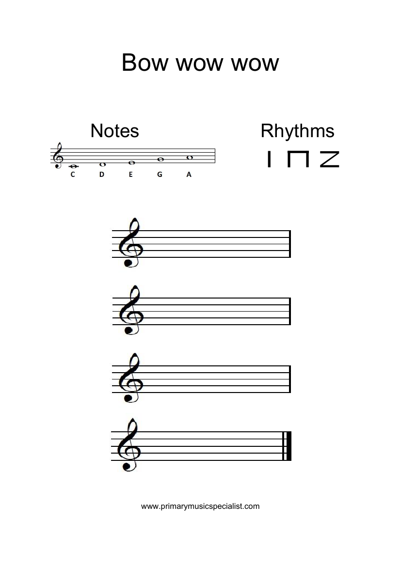 Instrumental Year 4 Stave Notation Sheets - Bow wow wow worksheet note names