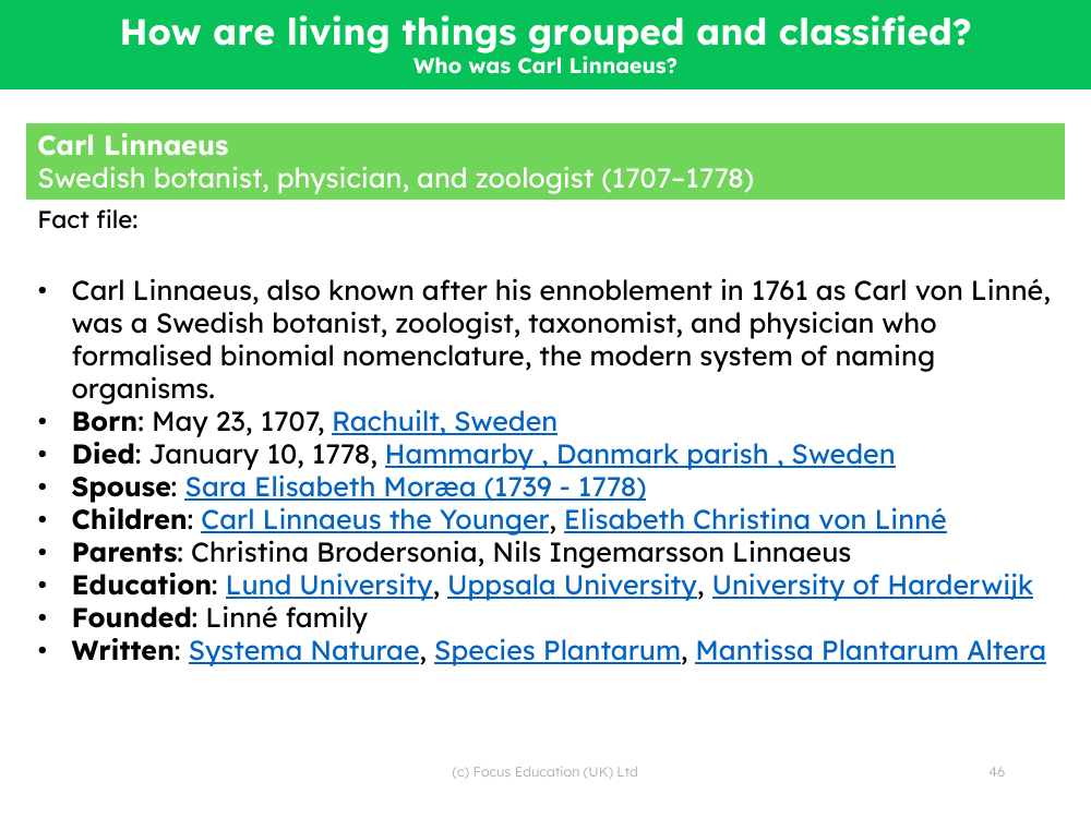 Carl Linnaeus - Info sheet